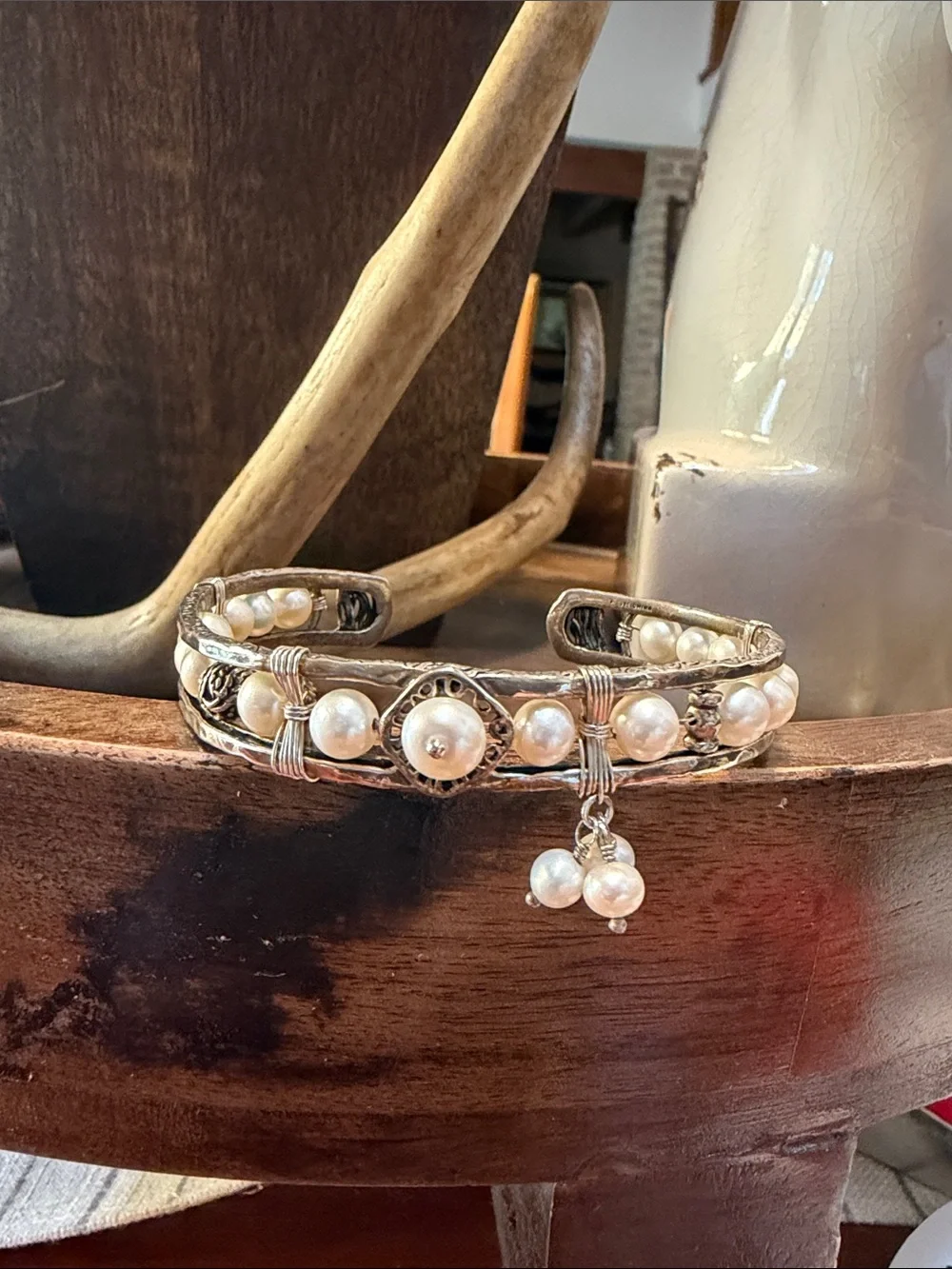 SILPADA Silver Pearl Accent Cuff Bracelet - White Pearls